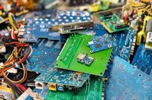 報廢電子電路板堆疊場景，象徵廢棄硬體中蘊含的高品位金屬礦脈與都市礦山價值。